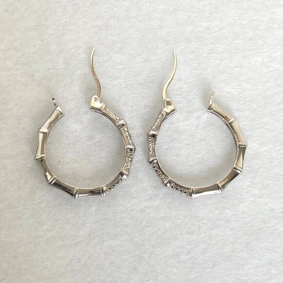 Sterling Silver 925 DBJ Bamboo Style Single Diamond Hoop Earrings MISSING STONE - Picture 4 of 16